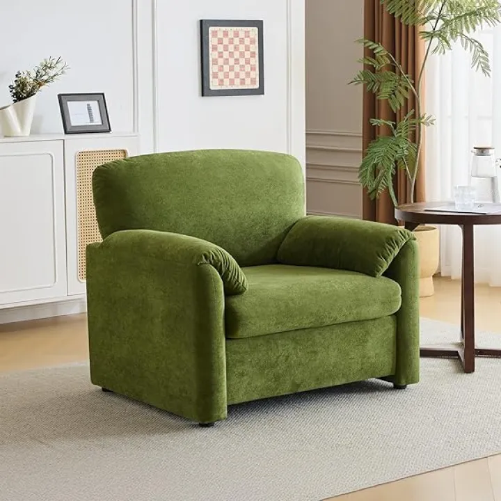 Olive Green Accent Chair, 38" Oversized Reading Chair Comfy Upholstered Lounge Armchair Soft Chenille Living Room Chairs Single Sofa Chair for Bedroom, Office, Aparment