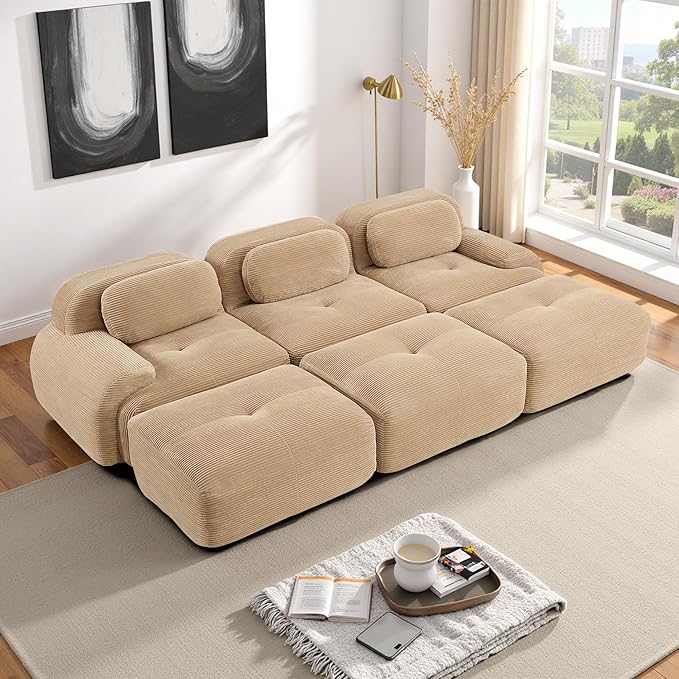 117.3” Modular Sectional Sofa, Oversized Corduroy Boneless Sofa for Living Room, Comfy 3 Seater Cloud Couch Sectional with Deep Seat and Button Tufted Cushions, No Assemblyy