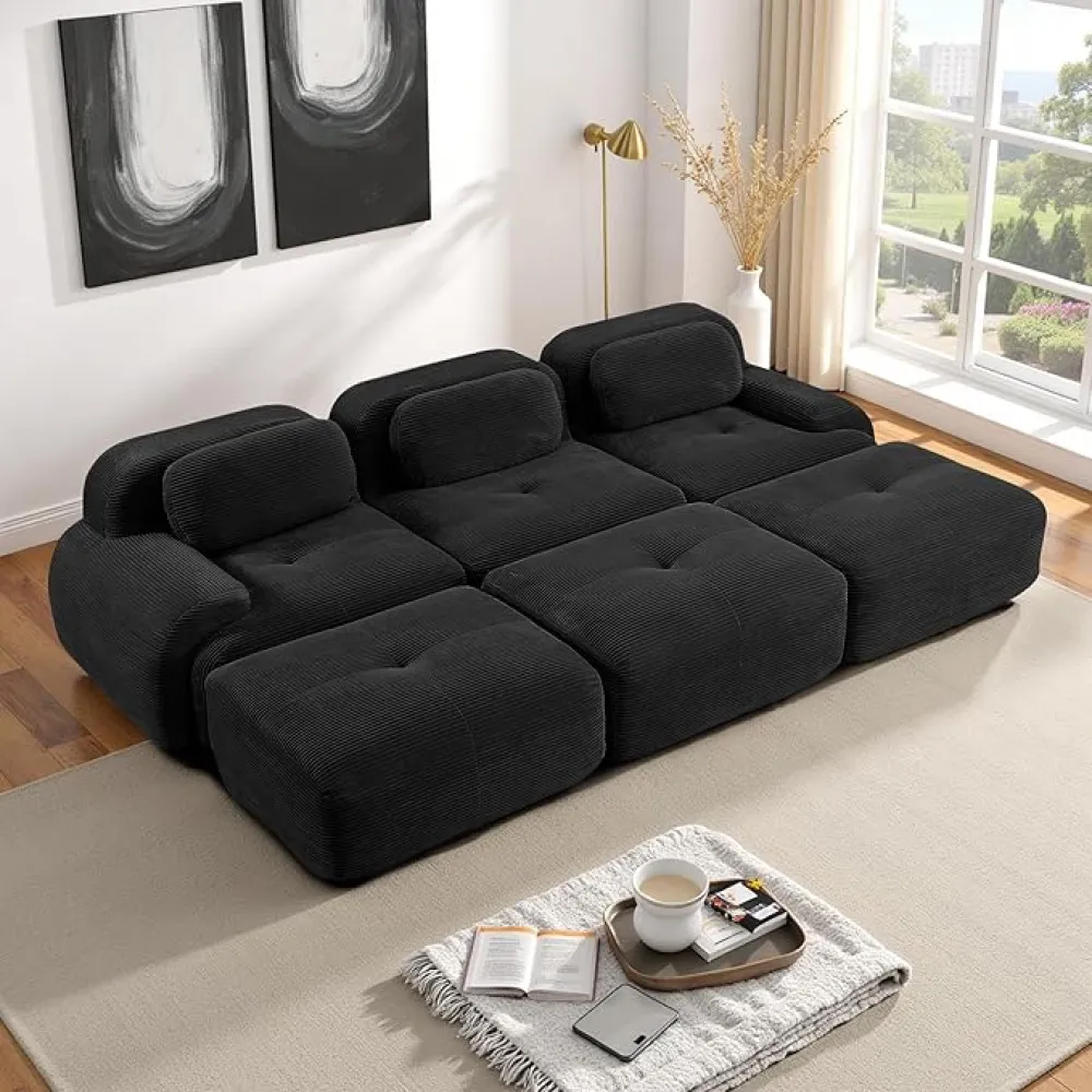 117.3” Modular Sectional Sofa, Corduroy Boneless Sofa for Living Room, Comfy 5 Seater Sleeper Cloud Couch Sectional with Deep Seat and 3 Ottoman & Button Tufted Cushions, No Assembly