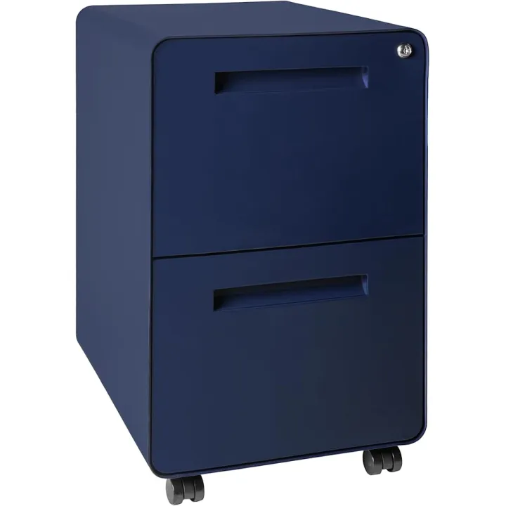 Laura Davidson Furniture Stockpile 2 Drawer Mobile File Cabinet with Lock - Under Desk Metal Filing Cabinet, Legal/Letter File Folders, Wheels and Stationary Feet, Pre-Assembled, Navy Blue