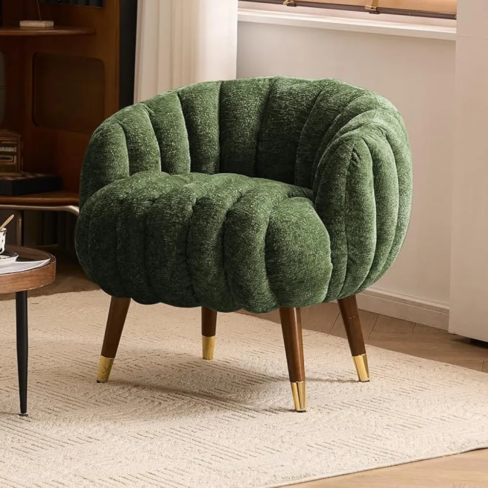 Accent Chair, Modern Barrel Chair with Solid Wood Legs, Cozy Single Sofa Chair, Upholstered Armchair for Makeup Vanity, Living Room, Green