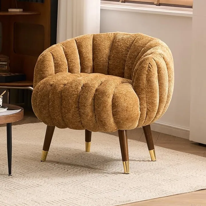 Accent Chair, Modern Barrel Chair with Solid Wood Legs, Cozy Single Sofa Chair, Upholstered Armchair for Makeup Vanity, Living Room, Caramel