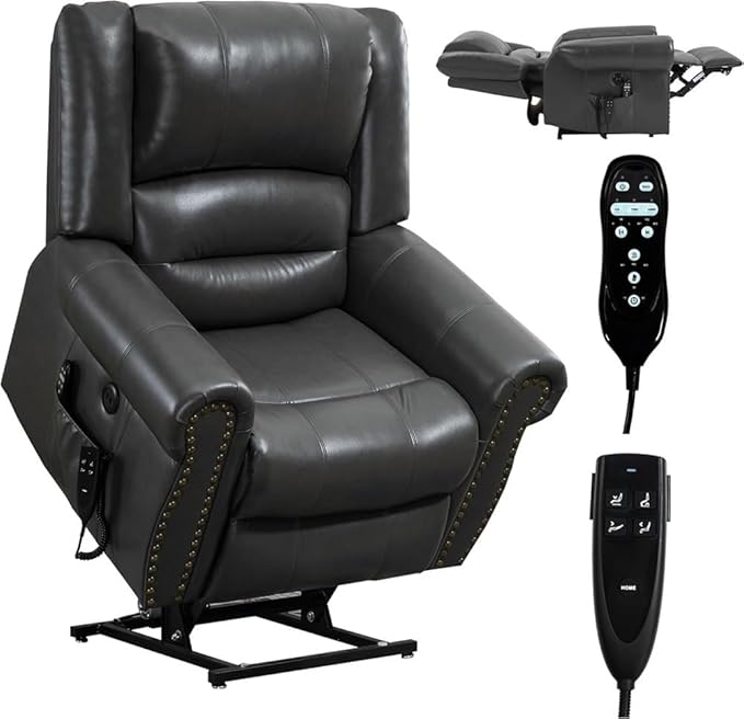 Dual Motor Power Lift Recliner Chair for Elderly with Massage and Heat Faux Leather Lay Flat Sleeper Infinite Position Adjustable Standing Assistance Remote Control USB Charging Ports Grey Heavy Duty