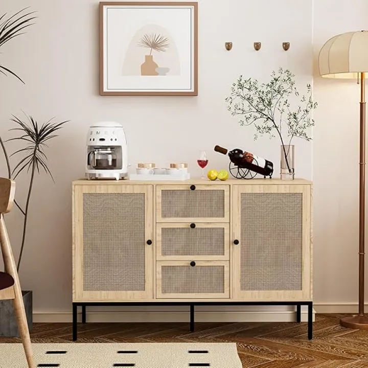 Rattan Sideboard Buffet Cabinet,Storage Buffet Cabinet with 2 Doors and Drawer, Coffee Bar Station Table, Modern Cupboard for Kitchen, Livingroom and Dining Room (Wood)
