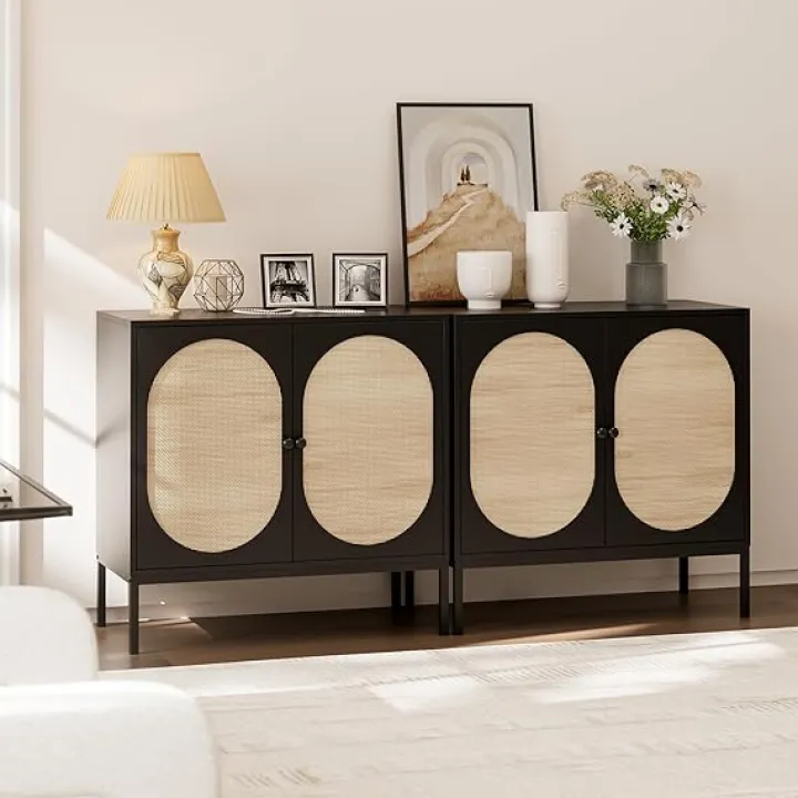 Sideboard Buffet Cabinet with Storage, Rattan Cabinet with Door,Accent Cabinets with Adjustable Shelves, Rattan Storage Cabinets for Living Room, Dining Room, Hallway, Kitchen, Entryway (Black)