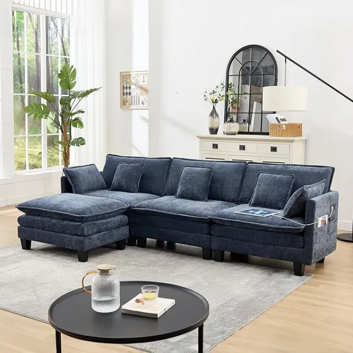 108" Modern L-Shaped Modular Sectional Sofa for Living Room,Cloud Couch with USB and Sockets,Oversized 3-Seater Couch with Deep Seat and Movable Ottoman,Chenille Fabric(Blue)