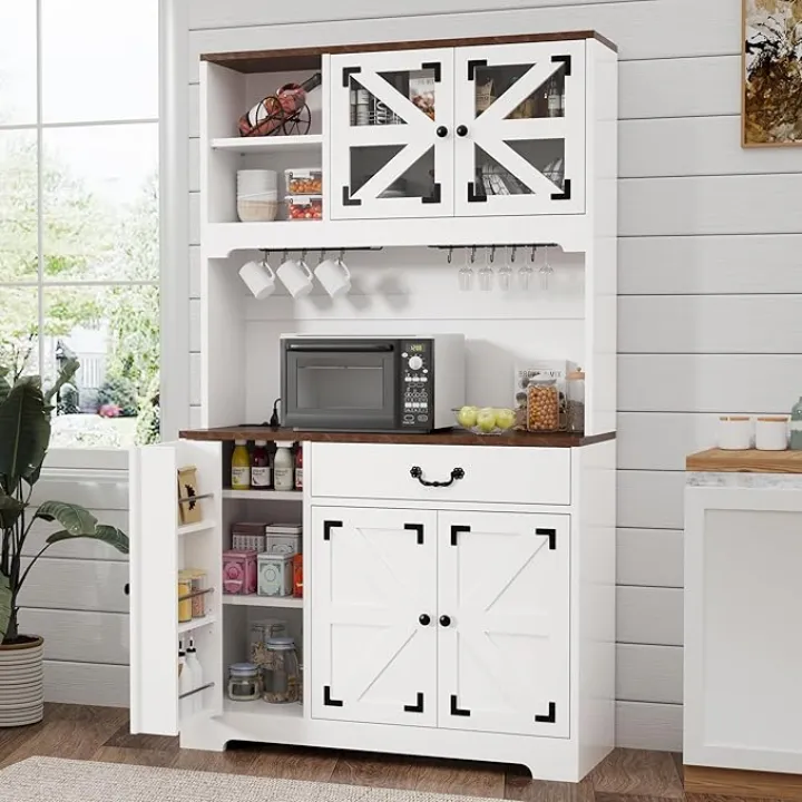 71”Kitchen Pantry Cabinet, Pantry Storage Cabinet with Microwave Shelf, Farmhouse Hutch Food Pantry with Charging Station, Drawer, Wine Glasses Holder, Adjustable Shelves, for Dining Room, White