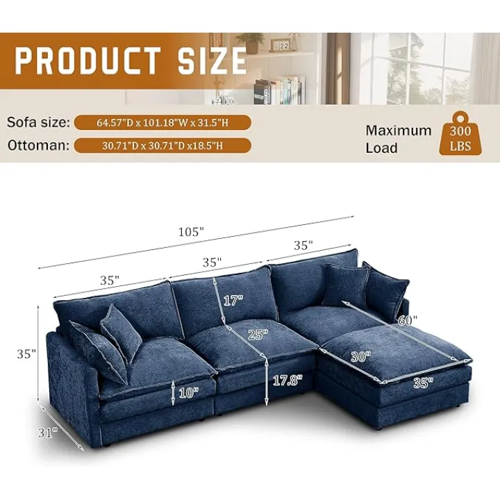 Modular Sectional Sofa with Movable Ottoman, 3-Seater L-Shaped Chenille Couch, 24.8" Deep Modern Cloud Couch for Living Room, Apartment, Small Space, Comfy Furniture Set for Adults, Blue