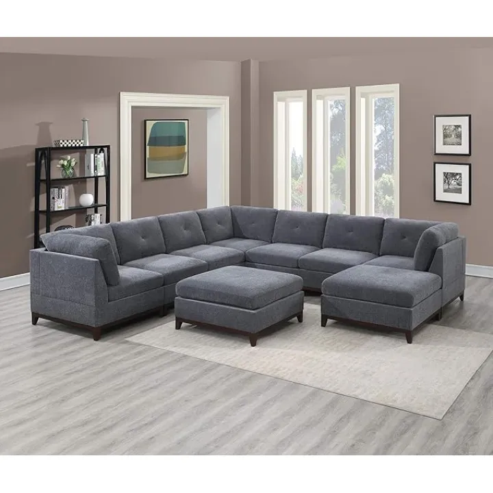 Penau Ash Grey Chenille Fabric 9-Piece Modular Sectional Sofa Set with Tufted Back and Wooden Legs Large Size Modular Series for Living Room