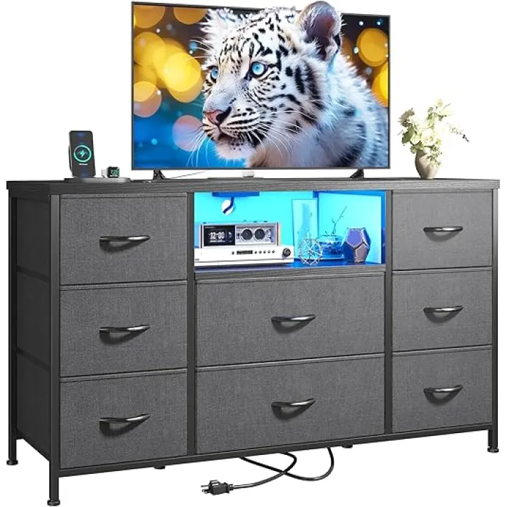 Dresser for Bedroom with LED Lights & Power Outlets, Dresser with 8 Drawers for 55-inch TV, Chest of Drawers with Open Shelves & 6 Adjustable Feet for Living Room and Entryway, Grey