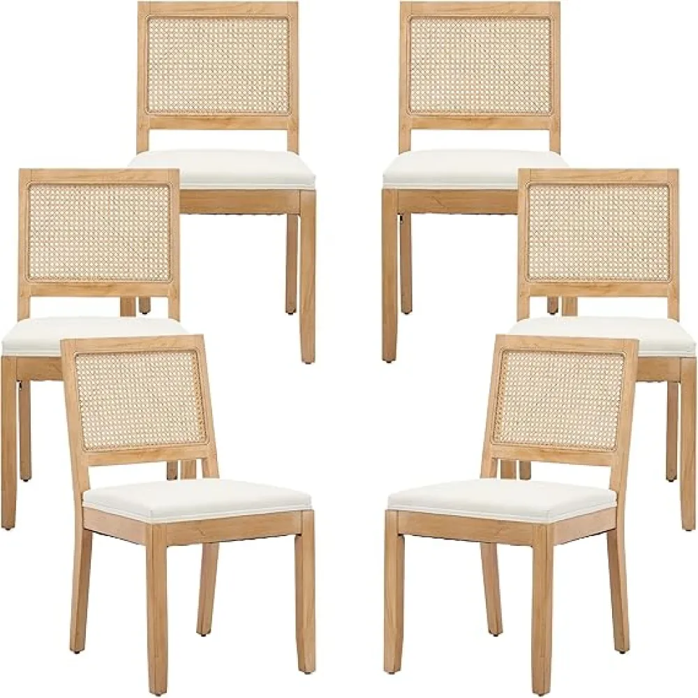 French Country Dining Chairs Set of 6, Cream Kitchen & Dining Room Chairs Set of 6, Ivory Rattan Dining Chairs, Cane Low Back, Wood Legs, Sillas De Comedor (Rattan, Beige, 6Pcs)