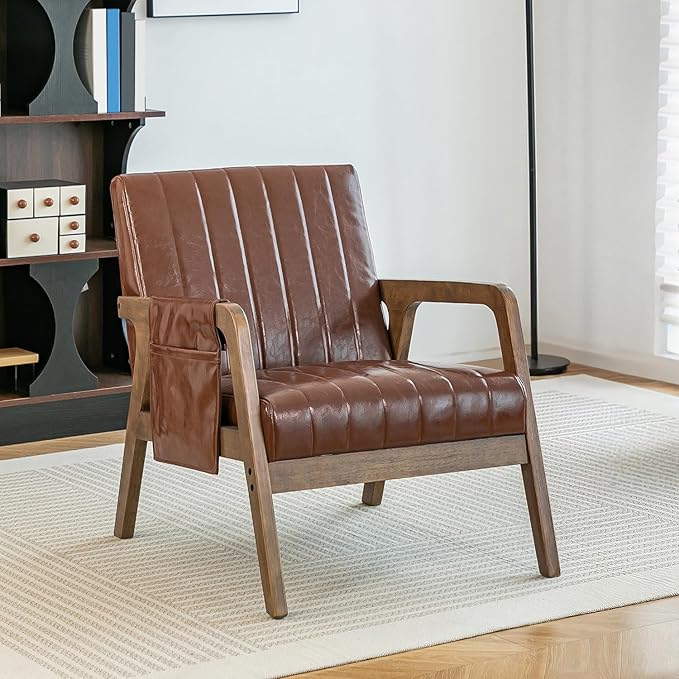 Mid Century Modern Leather Accent Chair with Wood Frame, Faux Leather Accent Armchair with Storage Bag,Faux Pu Living Room Accent Chair for Reading, Bedroom,Reddish Brown