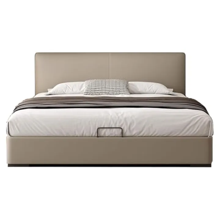 LSIGHTUS Modern Leather Queen Size Platform Bed, Ergonomic Upholstered Headboard Wooden Slats Support, Noise-Free