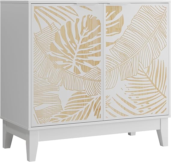 31.5-inch Vintage Carved Sideboard Cabinet with Two Doors and Adjustable Shelves, Suitable for Living Room, Kitchen, Dining Room, White