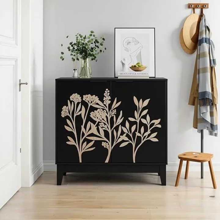 31.5 Inch Vintage Carved Buffet Cabinet - Black Decorative Sideboard with 2 Doors Adjustable Shelves MDF Storage Living Room Kitchen