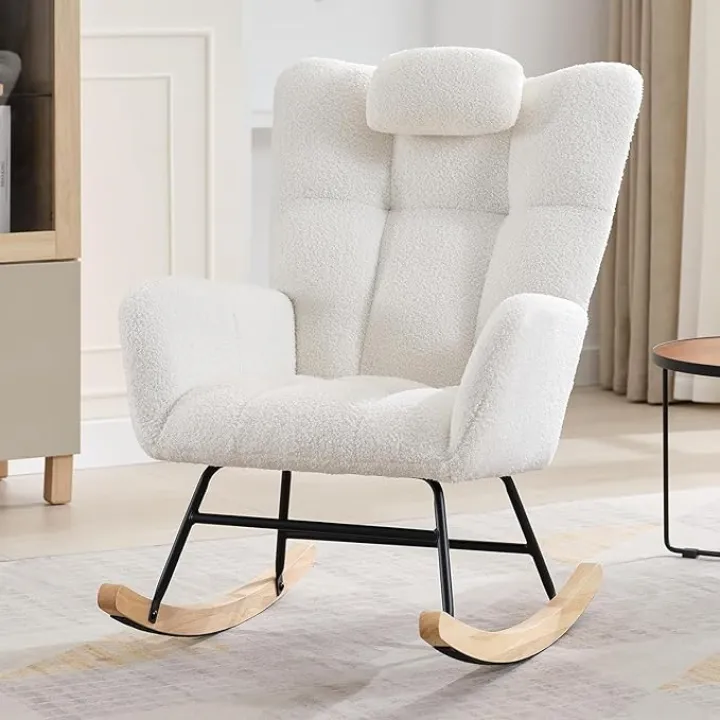 Nursery Rocking Chair Nursery Teddy with Pillow&High Backrest Armchair,Fabric Upholstered Accent Chair Sherpa Compact Nursing Chairs for Living Room, Bedroom,Classroom,Beige
