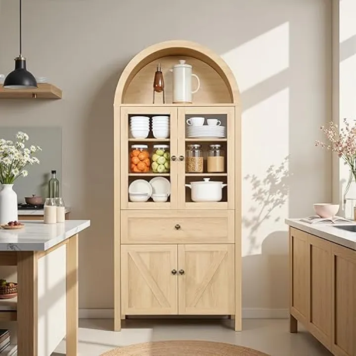 71.6" Tall Arched Kitchen Pantry, Modern Farmhouse Kitchen Storage Cabinet with Large Drawer & Adjustable Shelves & Glass Door Wood Arched Bookshelf Pantry Cabinet for Dining Room, Natrual