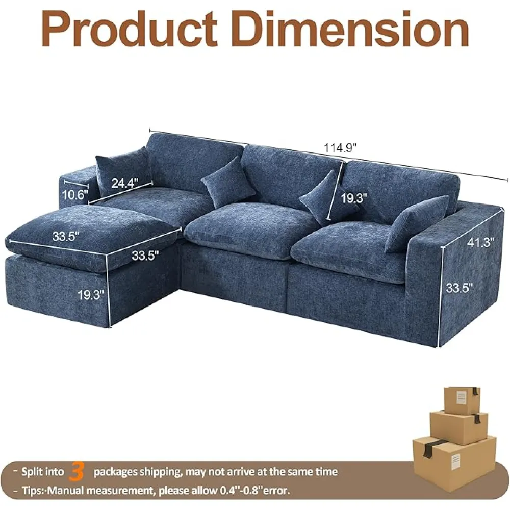 115''Cloud Boneless Sectional Couch, Modular Sectional Sofa Deep Seat with Ottoman, Oversized Upholstered Convertible Comfy 4 Seater Chenille Sofa L Shape Couches for Living Room, Blue