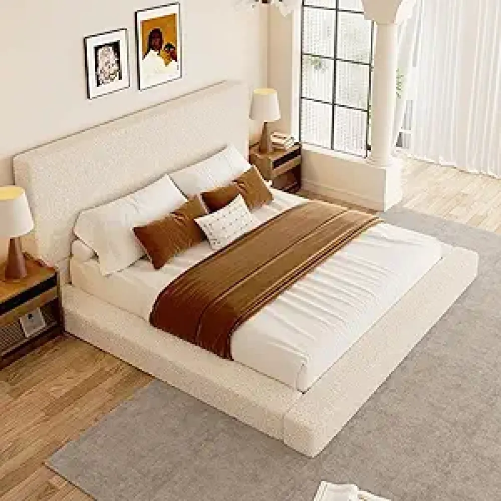 King Size Boucle Bed Frame, Upholstered Floor Platform Bed with Headboard, Soft Cloud Bed with Thickened Wide Bedside, Easy Assembly, Noise Free, Beige
