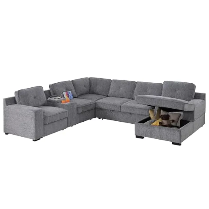INSTORY Sectional Sofa with Pull-Out Bed, Modern Corner Sofa 6-Seater, Storage Chaise, USB Console, Light Grey Chenille