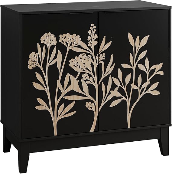 31.5-inch Vintage Carved Patterned Sideboard Cabinet, Double Door Decorative Storage Cabinet, Suitable for Wooden Decorative cabinets in Living Rooms, Kitchens, and Dining Rooms, Black