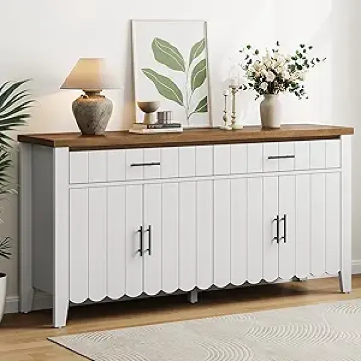 63 Inch Buffet Cabinet with Storage, Farmhouse Sideboard Buffet with 4 Doors and 2 Drawers, Credenza Storage Cabinets w/Adjustable Shelves, Wave Panel, Coffee Bar for Living Room, Kitchen (White)