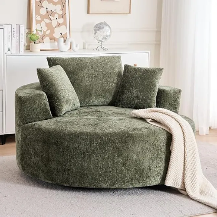54.33" Oversized Round Chaise Longue Chair Indoor, 360° Swivel Round Upholstered Sofa, Modern Chenille Accent Chair with Pillow for Living Room, Bedroom Apartment,Grey