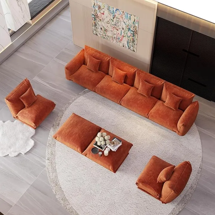 Modern Minimalist Chenille Modular Sectional Sofa, Oversized 8-Seater Sleeper Sofa with Movable Ottoman, Thick Cushions, Upholstered Couch for Living Room, Bedroom, Office, Apartment(Orange,8-Seater)