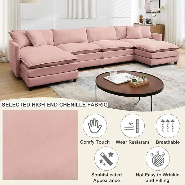 Modular Convertible Sectional Couch, Reversible Chaise Sectional Sofa Deep Seat Cloud Couch Chenille for Home, Apartment, Dorm (Pink, U Shaped 6 Seater)