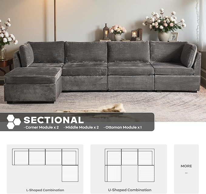 Modular Sectional Sofa, Oversized Cloud Couch with Ottoman, Comfy Plush Corduroy Couches for Living Room, Deep Seat Convertible Sleeper Sofa (Gray, 4 Seater with 1 Ottoman)