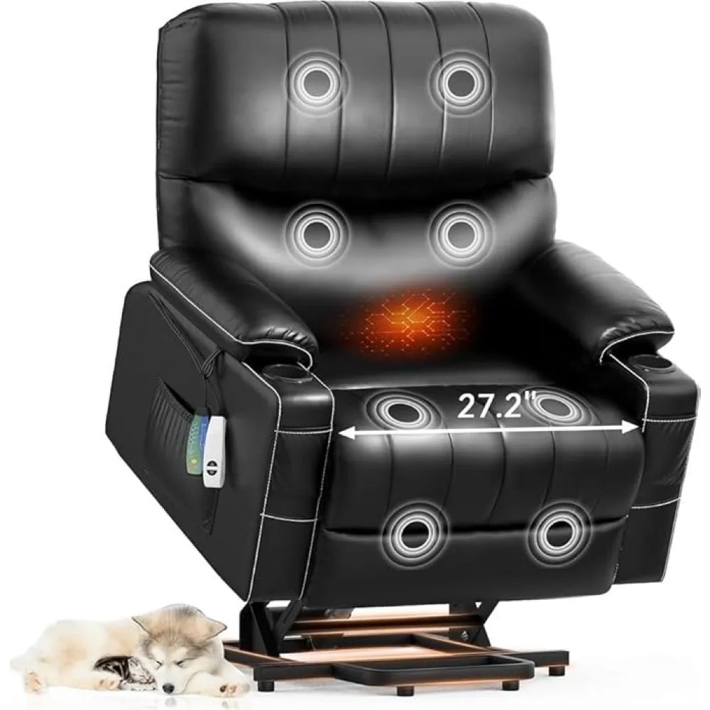 Black Faux Leather Upgraded Power Lift Recliner Chair for Elderly with Heat Massage Extra Wide Seat Cup Holders USB Charging Ports Reclining Lift Chairs for Adults Heavy Duty Living Room Sofa