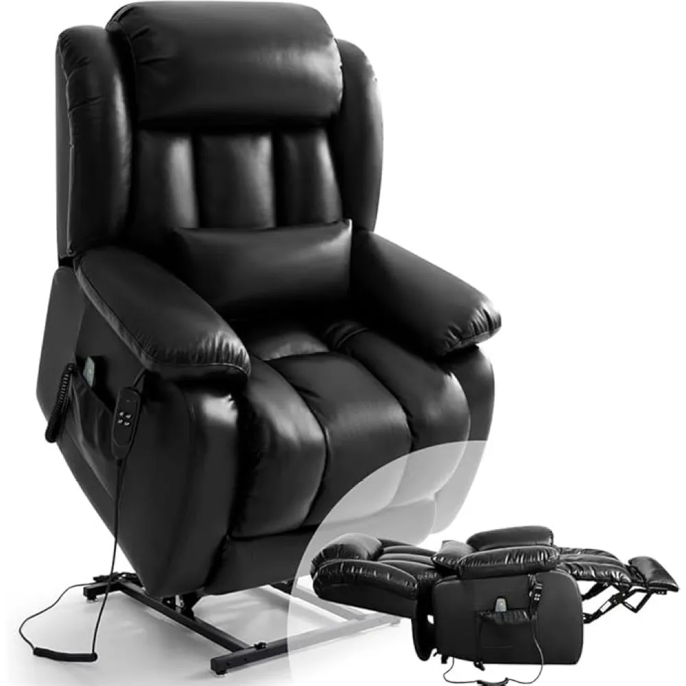 Dual Motor Infinite Position Lay Flat Power Lift Recliner Chair for Elderly Adults Massage Heating Extended Footrest USB Ports Remote Control Lumbar Pillow Black Leather Heavy Duty Reclining Sofa