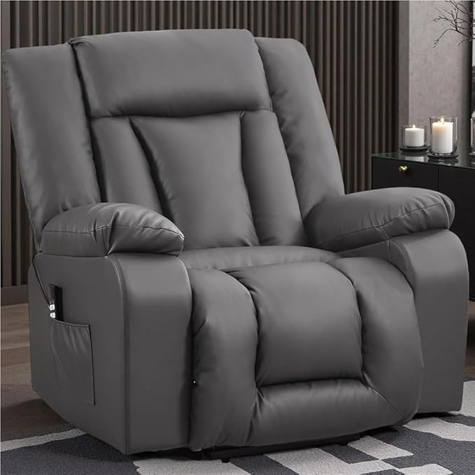 Oversize Dual Motor Power Lift Recliner Chair for Adults Electric Lift Chair with Massage Heating Waffle Leather Upholstery Side Pocket Wide Seat Comfortable Adjustable Living Room Furniture