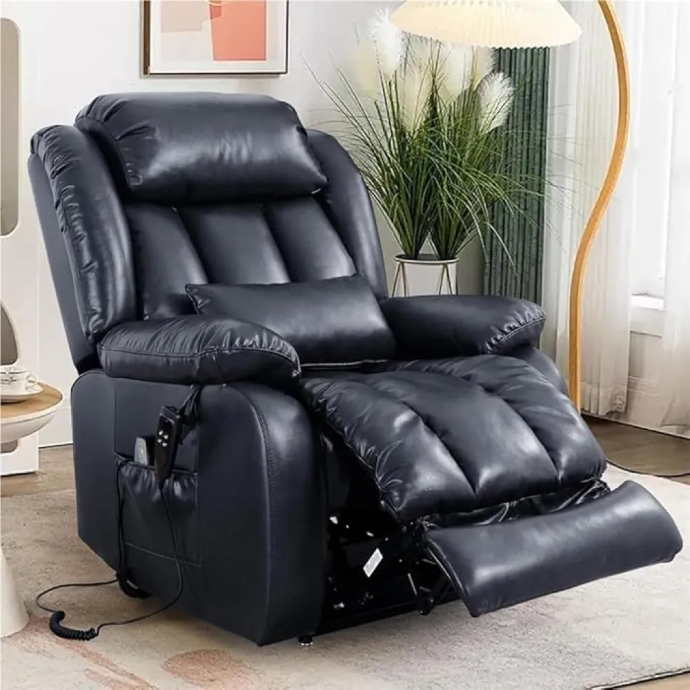 Blue Genuine Leather Large Power Lift Recliner Chair for Seniors with Dual Motor Heating Massage Double Lumbar Cushion Extended Footrest USB Port Heavy Duty Reclining Sofa for Elderly Adults
