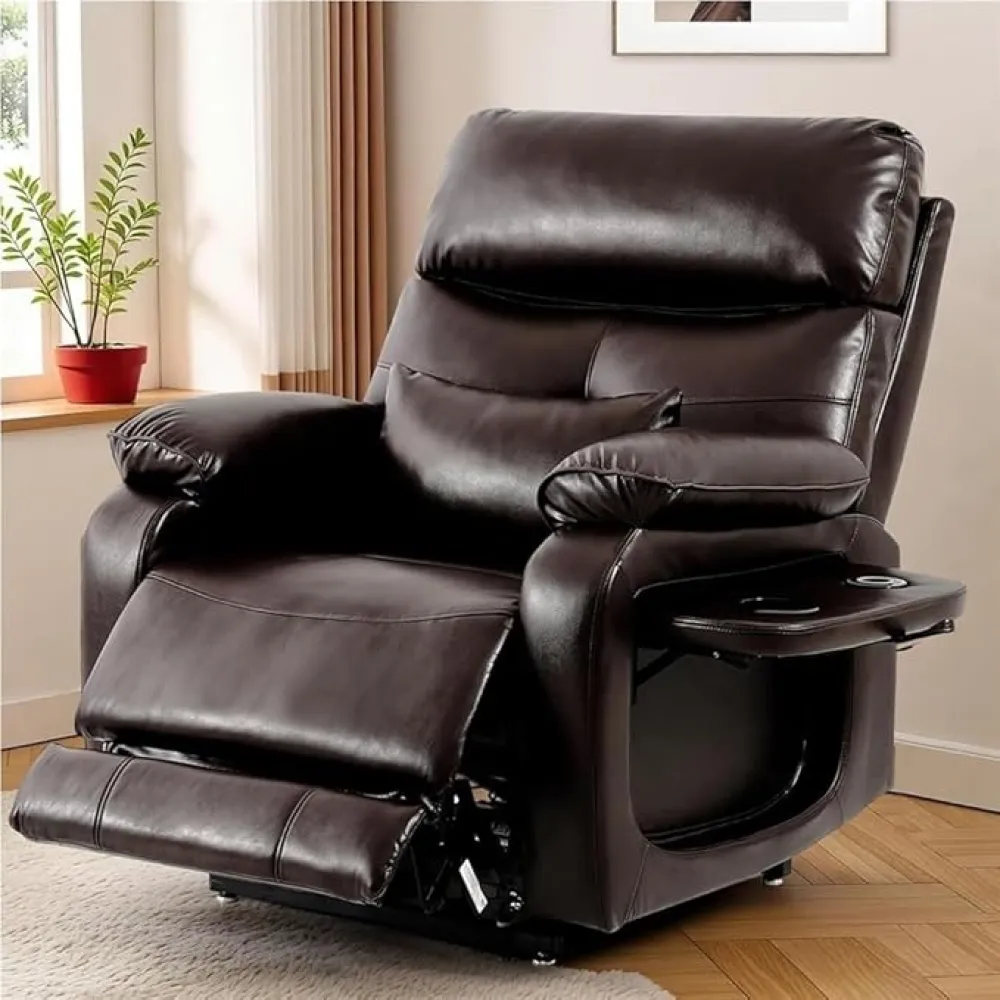 Dual Motor Power Lift Recliner Chair for Adults Elderly with Infinite Position Lay Flat Heat Massage Lumbar Pillow Wireless Charger USB Ports Cup Holder Brown Leather Heavy Duty Reclining Sofa