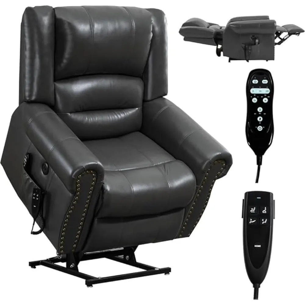Dual Motor Power Lift Recliner Chair for Elderly with Massage Heat Infinite Position Lay Flat Standing Assistance Remote Control USB Ports Grey Faux Leather Heavy Duty Electric Reclining Sofa