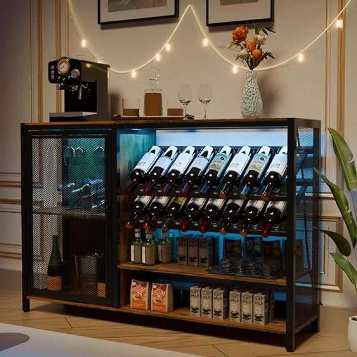 Wine Bar Cabinet with Socket and LED Light, 47'' Home Coffee Bar Cabinet with Wine Rack and Glass Holder Buffet Sideboard TV Stand Storage Cabinet for Living Room, Dining Room, Kitchen Brown