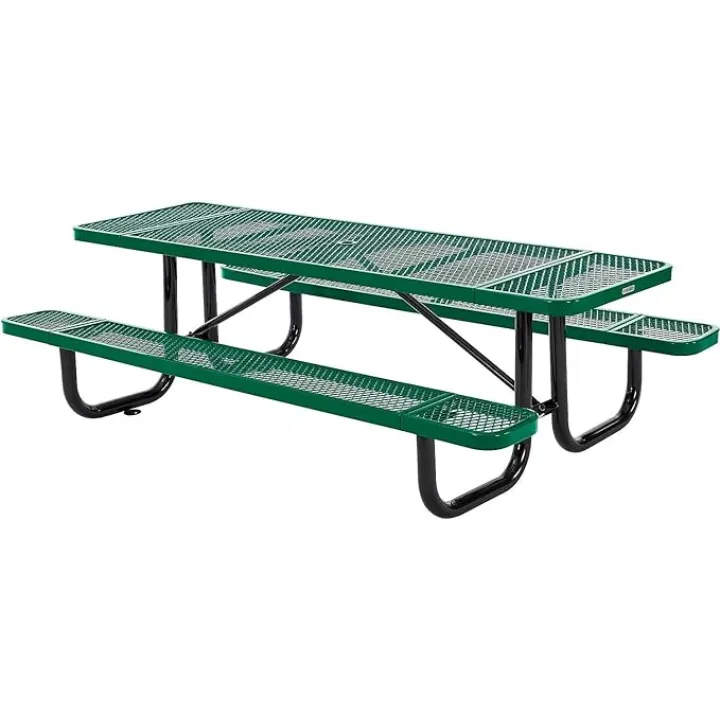 Global Industrial 8’L Rectangular Picnic Table, Expanded Metal, Green Thermoplastic Coating, Attached Benches, 1-1/2” Umbrella Pole Hole, Outdoor-Rated, 1000 lb Capacity, 96” x 30” Tabletop