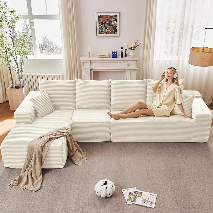 135" Cloud Sectional Couch with L-Shape Chaise, Modern Modular Comfy Sofa with Deep Seat, Upholstered Corduroy Couches Sleeper Chaise Longue for Living Room Bedroom, No Assembly Required, White