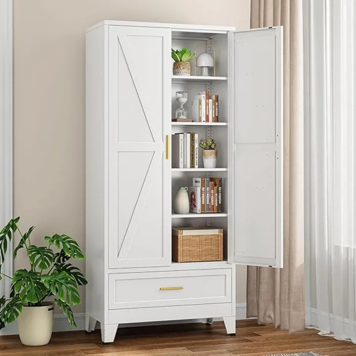 Farmhouse Metal Storage Cabinet with 4 Shelves, 71" Tall Kitchen Pantry Cabinets with 2 Barn Doors & Drawer Kitchen Cupboard, Linen Cabinet for Bathroom, Laundry Room, Home Office