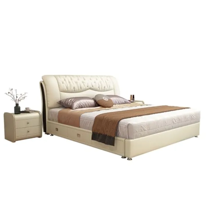 LSIGHTUS White Modern Queen Bed Frame, Full Size Bed Frame Ergonomic Upholstered Headboard Wooden Slats Support Noise-Free