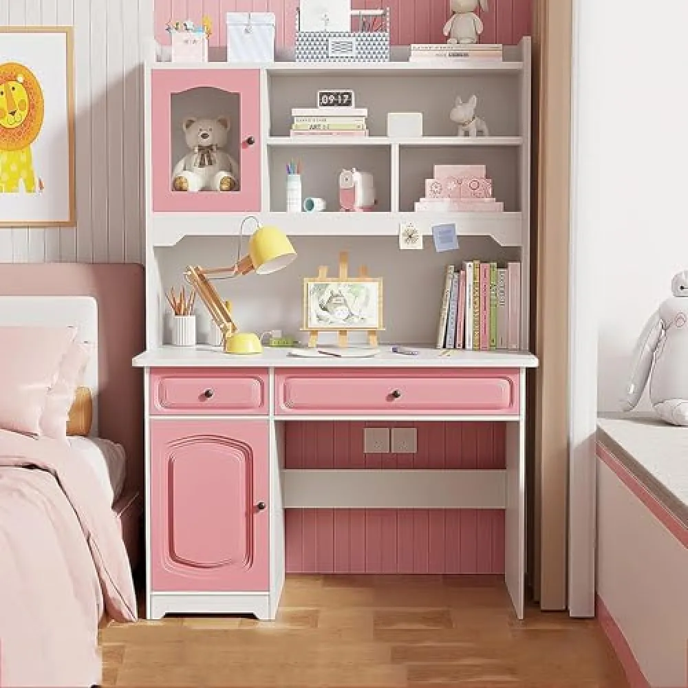 Scrivania per Computer in Legno con Gabbia E Libreria E Cassetti - Scrivania da Studio per Scrittura Carina Libreria Combo per Ragazza Ragazzo - Scrivania per Ufficio A Casa Scr, Pink, 39.4inch