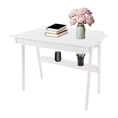 LuYuLTONG Solid Wood Computer Desk, 39" Mid-Century Modern Writing Desk with 2 Drawers&Storage Shelf, Home Office Desk with Hooks&Pen Slots, Laptop Desks, Study Table, Work Desk Station(White)