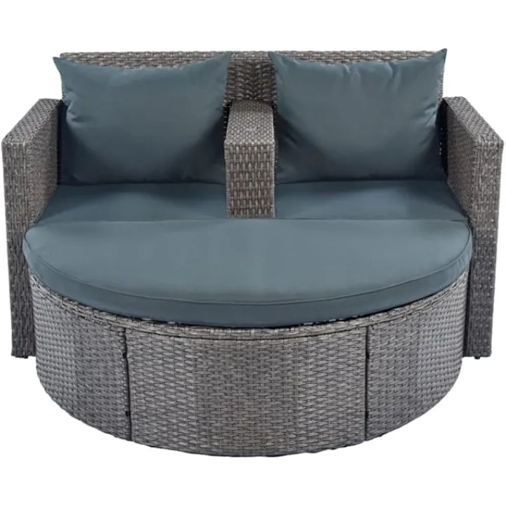 2 Piece Outdoor Terrace PE Wicker Rattan Set Half Moon Modular Sofa with Side Table for Umbrella, Gray Rattan