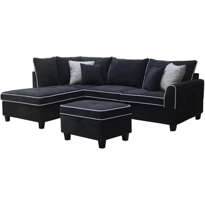 Black Fabric Sectional Sofa with Left-Facing Chaise and Storage Ottoman