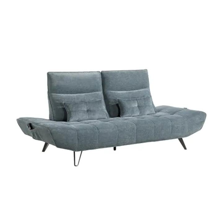 Benzara Kyan Adjustable Depth Power Reclining Sofa, 2 Pillows, Blue Chenille