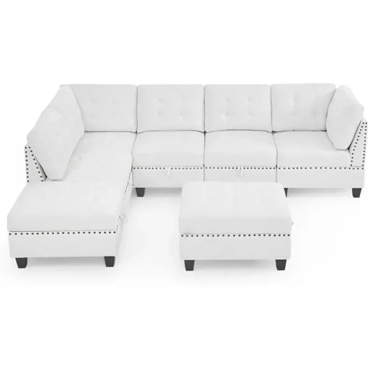 L Shape Modular Sectional Sofa,DIY Combination,Includes Three Single Chair,Two Corner and Two Ottoman,Ivory Chenille