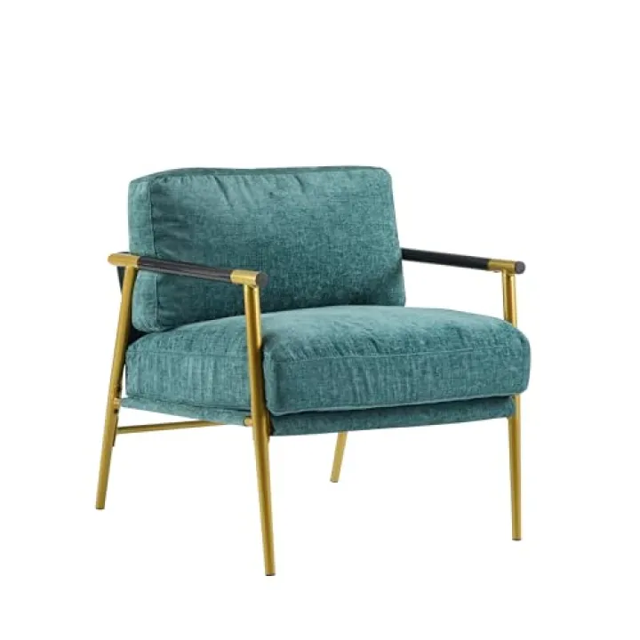 Donext Contemporary Armchair，Modern Metal Frame Chair with Wood Accents & Plush Cushions, Minimalist Lounge Chair for Living Room, Bedroom or Office(Gold+Teal Blue)