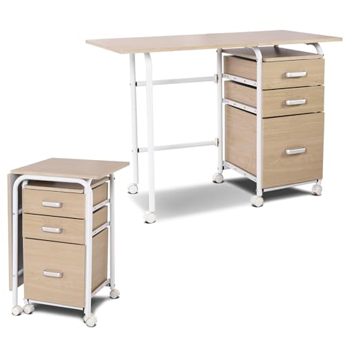 FANTASK Scrivania, pieghevole da ufficio con telaio in metallo, scrivania pieghevole con 3 cassetti e ruote, tavolo per computer salvaspazio per piccoli spazi, 105 x 50 x 75 cm (naturale)