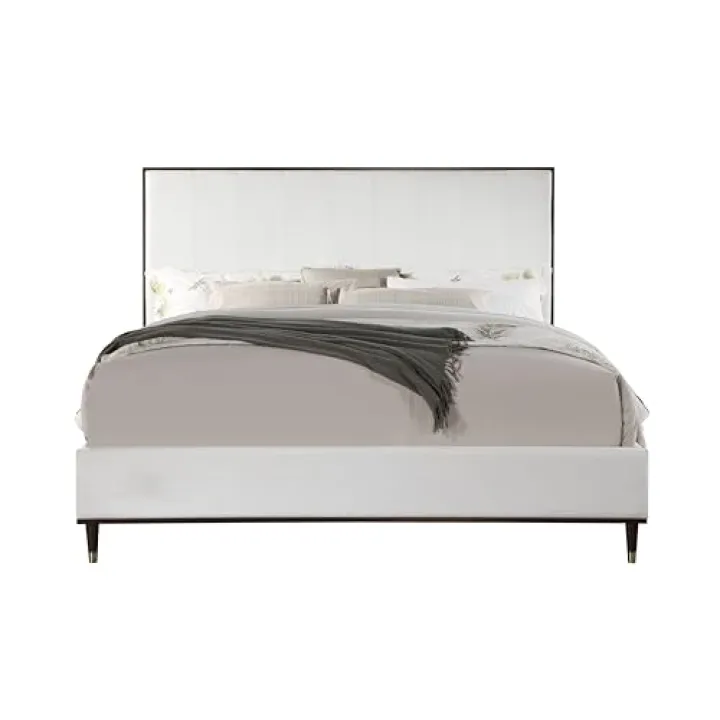 LOPOO Queen Bed in Light Gray Fabric with Wooden Legs and Metal Caps, Cozy Upholstered Design for Comfort and Support